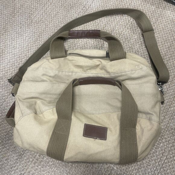 Eddie Bauer canvas duffle bag travel leather handle shoulder strap Tan Vintage - Picture 1 of 11